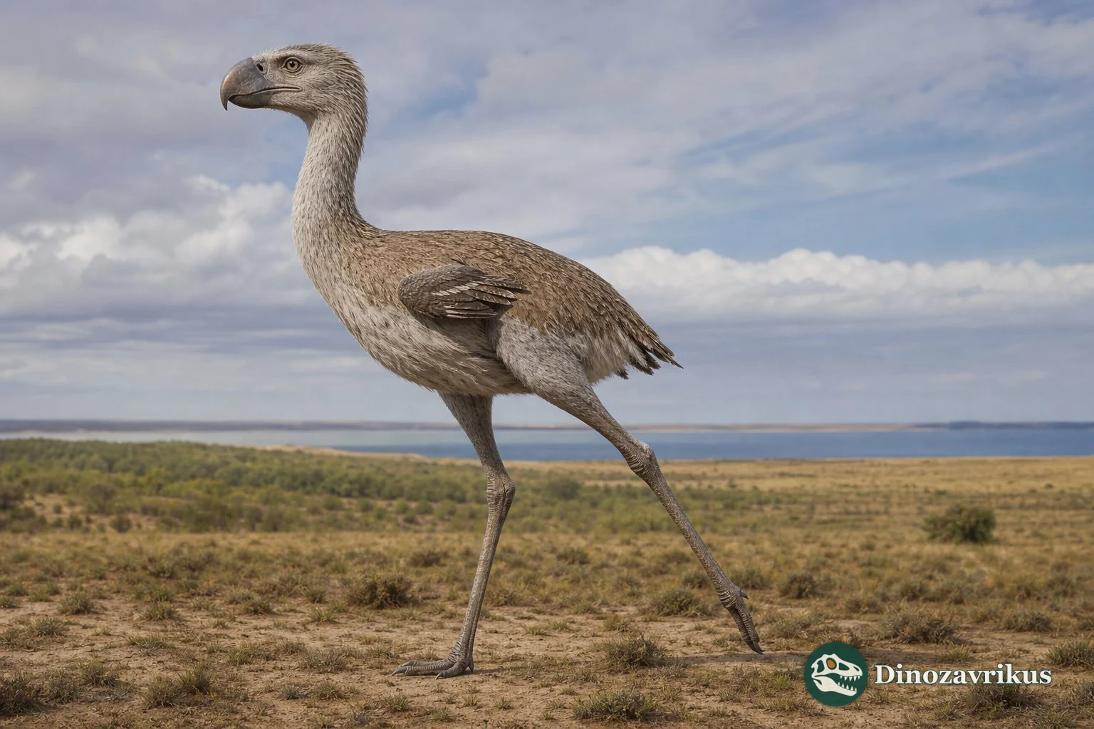 Mesembriornis reconstructed crossing an open Miocene landscape in Argentina