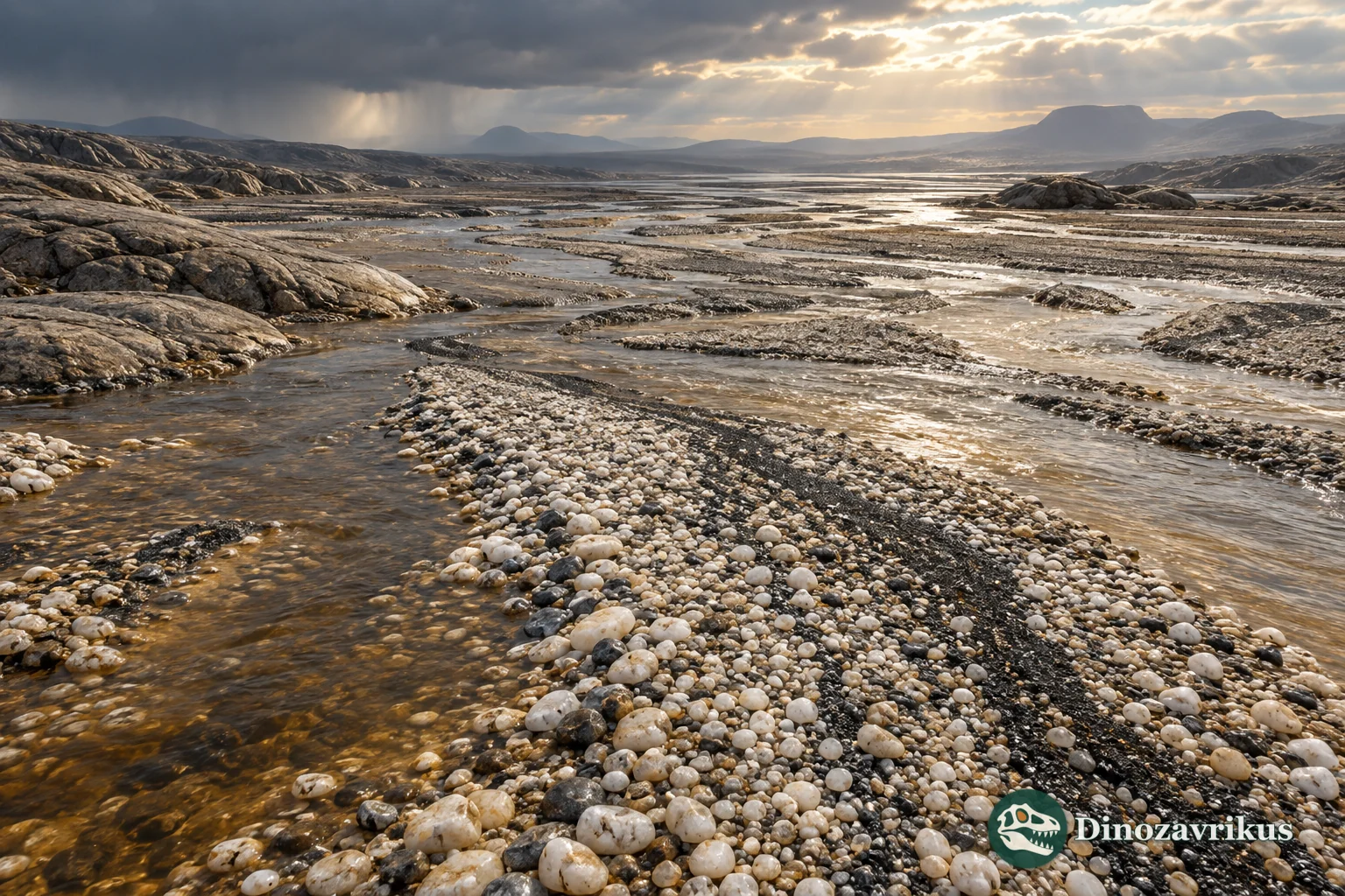Braided river carrying quartz gravel through the Mesoarchean Witwatersrand Basin