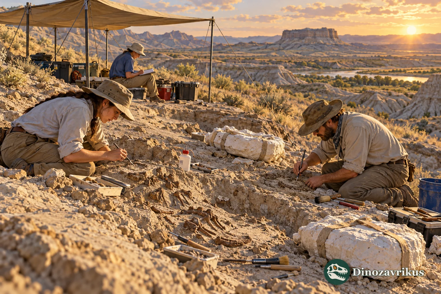 Illustrative paleontology field team documenting fossils in a Wyoming sediment layer