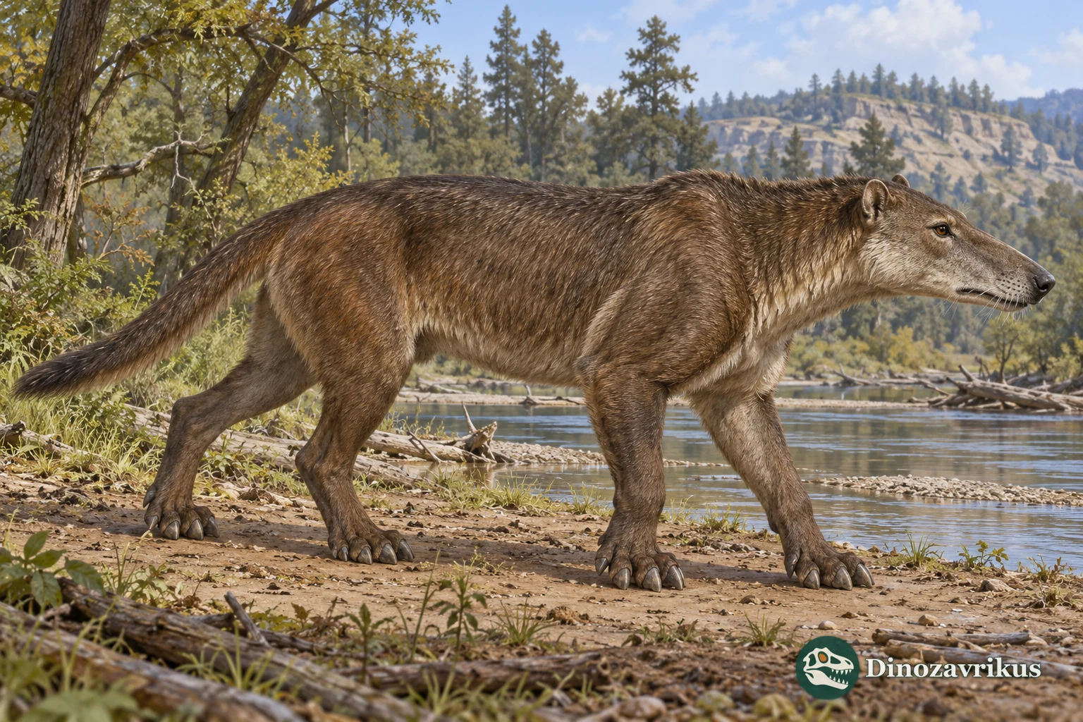 Illustrative reconstruction of Mesonyx in a middle Eocene woodland near a river