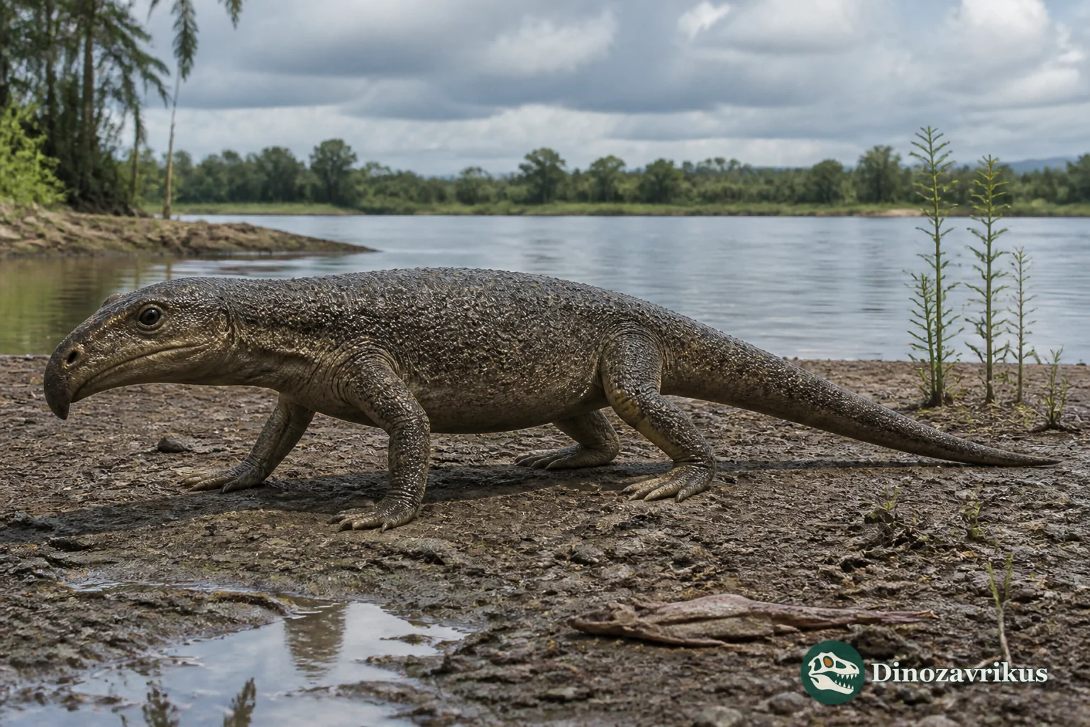 Mesosuchus browni walking along a river margin in Triassic South Africa