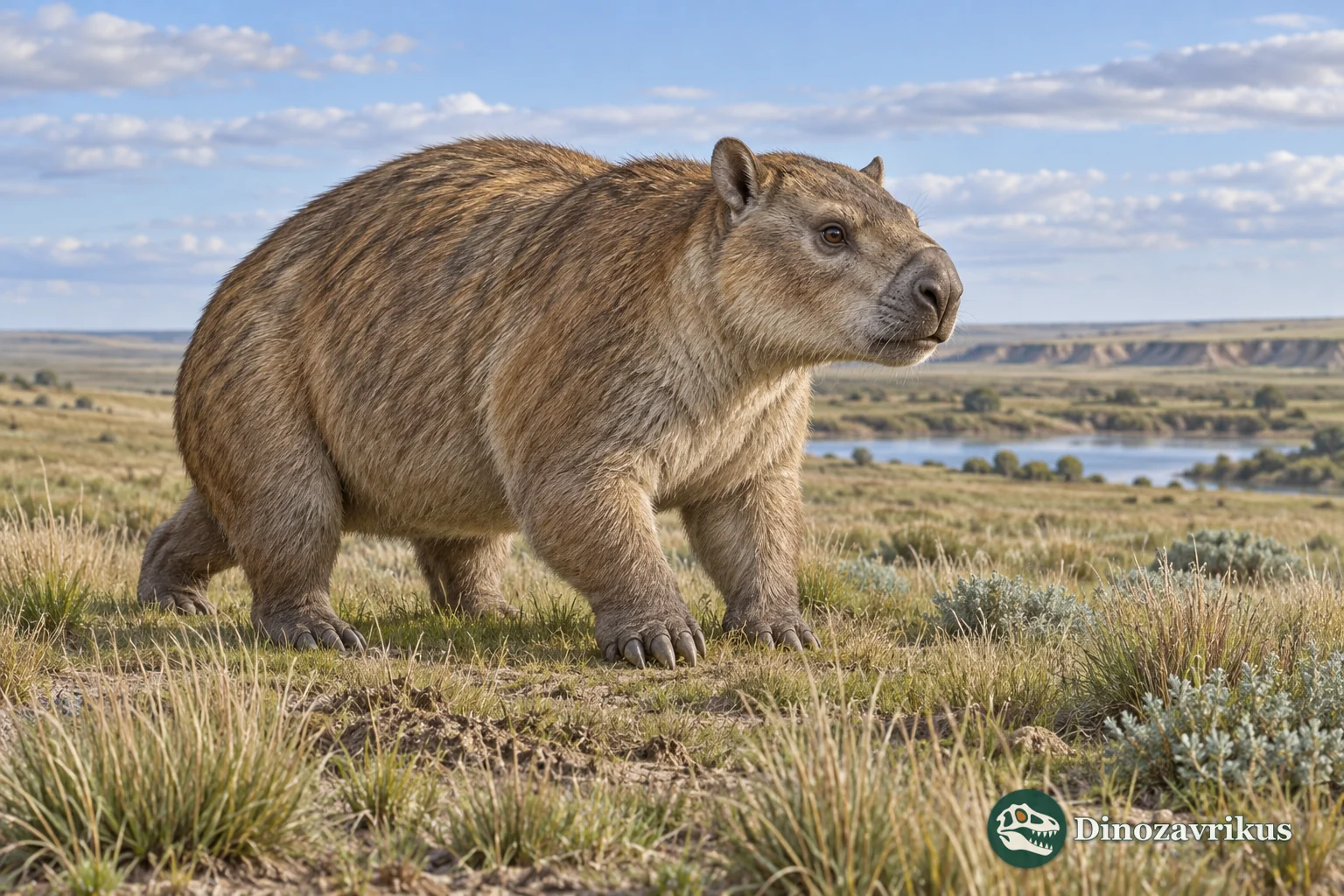 Artistic reconstruction of a sturdy Mesotherium in Pleistocene Argentine grassland