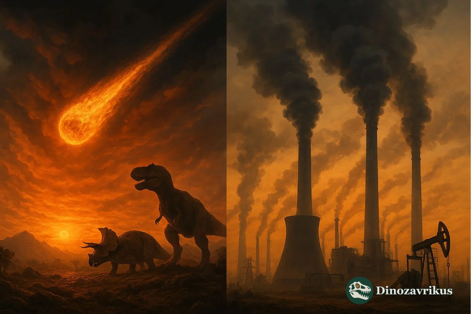 Illustrative split scene showing the end-Cretaceous impact and modern industrial emissions