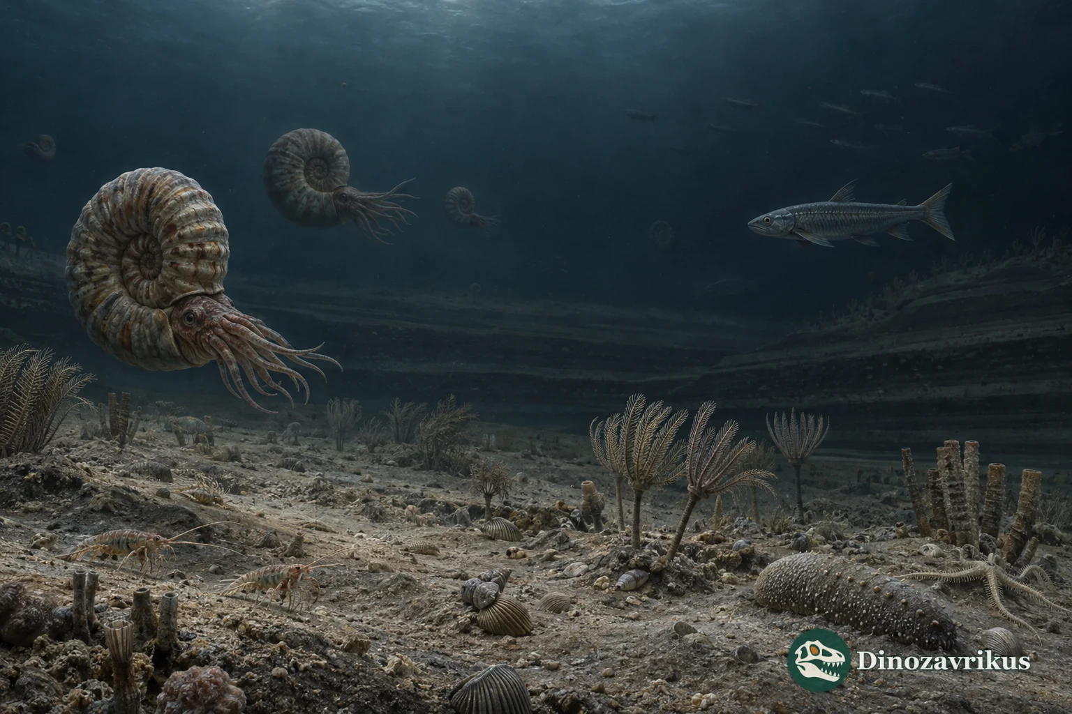 Ancient deep-sea floor with ammonites, small fish and fine layered sediment