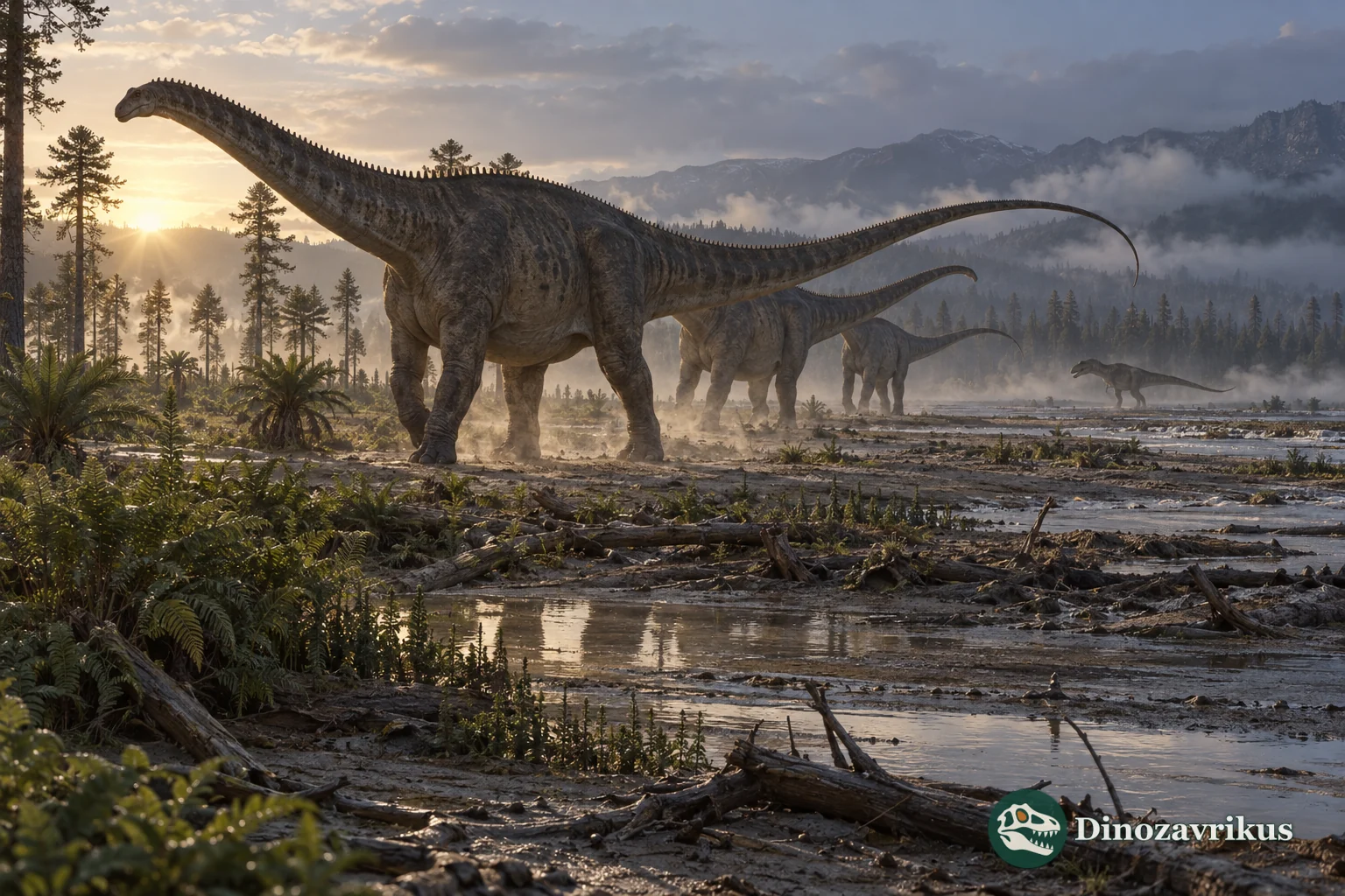 Jurassic floodplain with sauropods, stegosaurs and a distant theropod