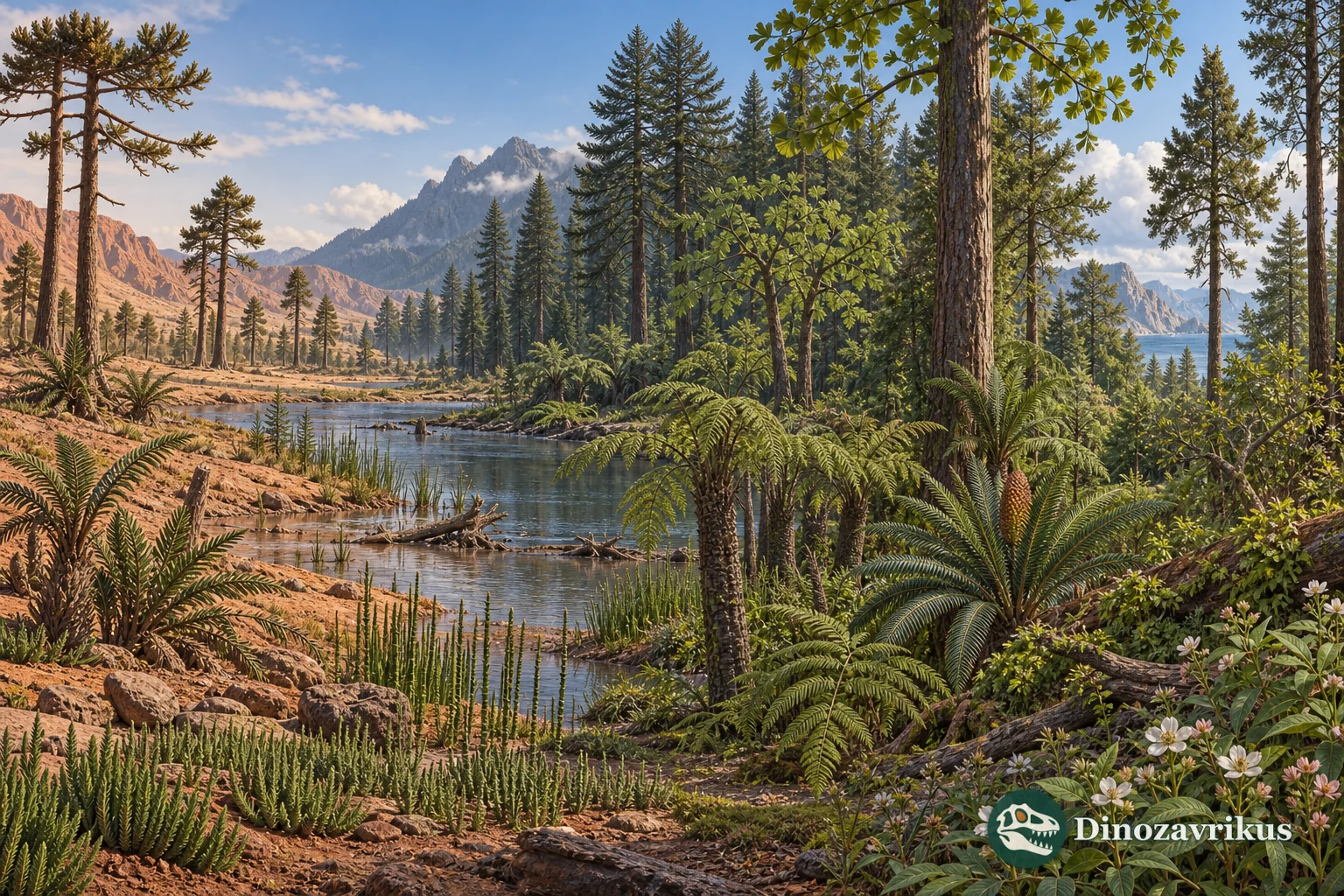 Mesozoic vegetation changing from a Triassic floodplain to a Jurassic forest and a Cretaceous habitat with early flowering plants