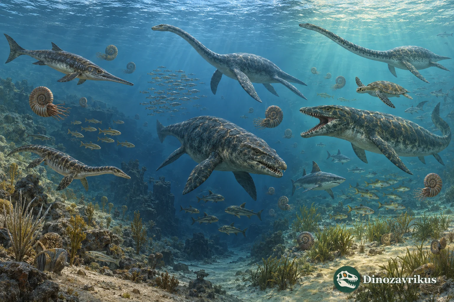 Ichthyosaur, plesiosaurs, mosasaur, marine turtle, ammonites and fish in Mesozoic seas