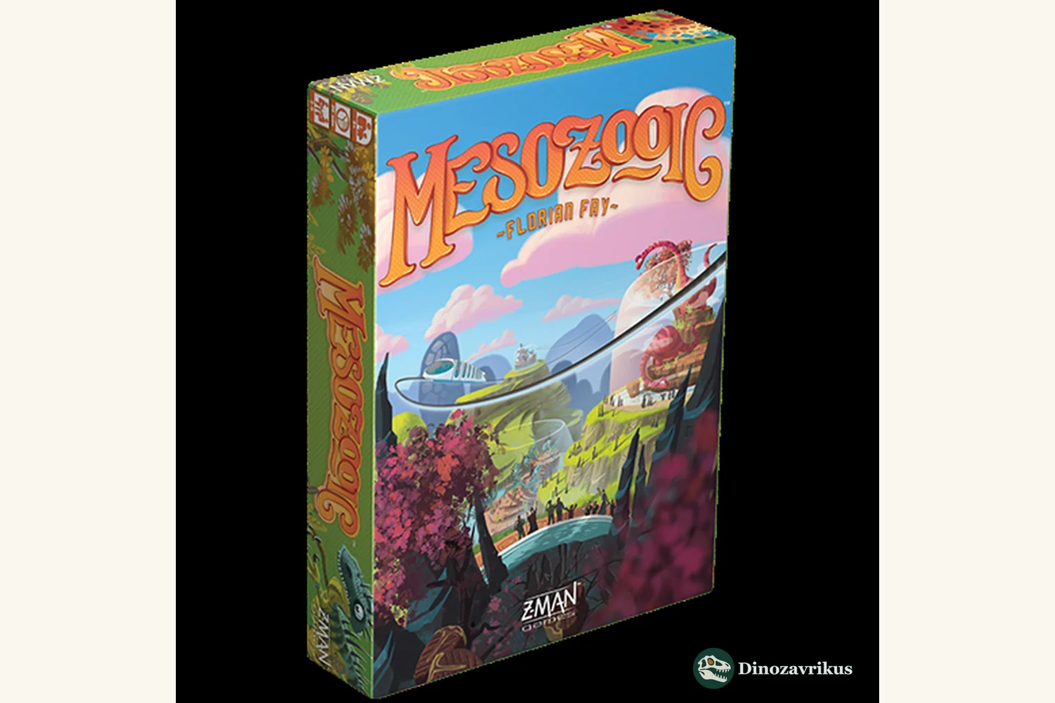 English-language cover artwork for the Mesozooic board game