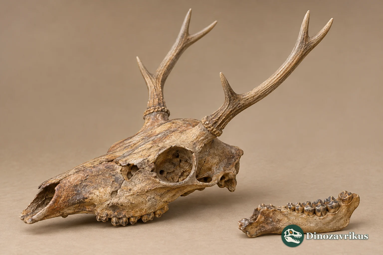 Interpretive image of a fossil deer skull with simple antlers and separate jaw