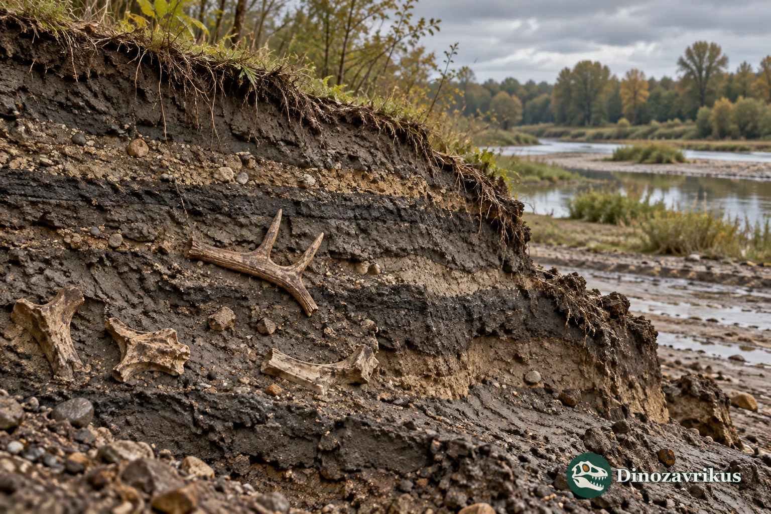 Illustrated river and clay deposits with fragmentary deer bones