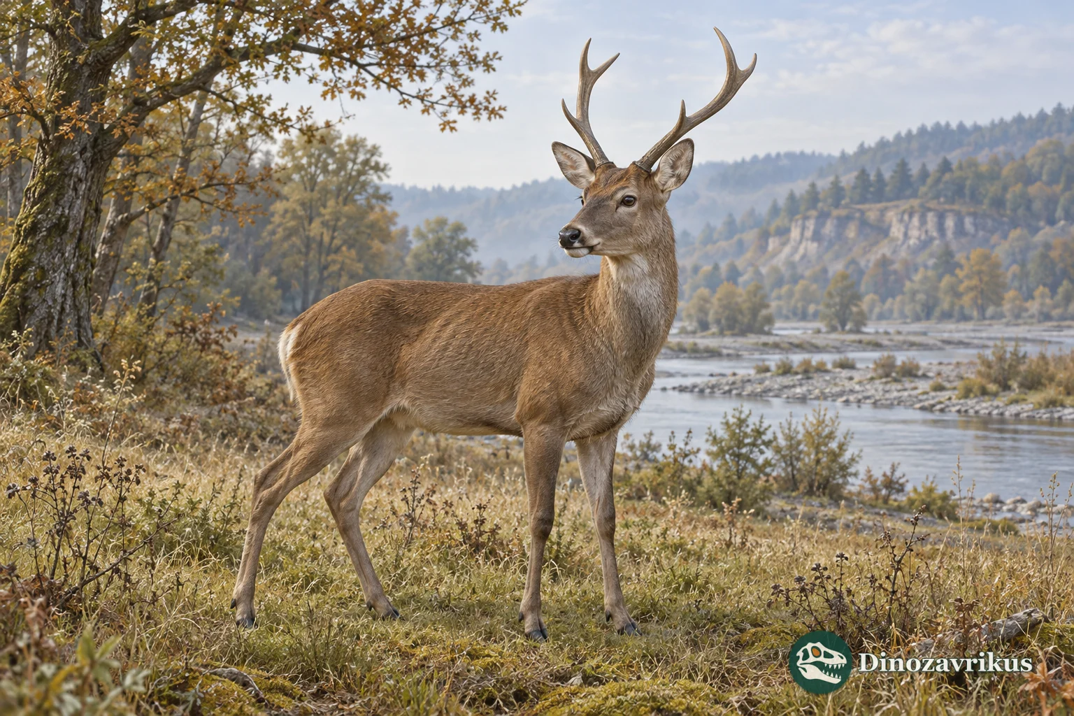 Artistic reconstruction of a three-tined Metacervocerus deer beside an early Pleistocene river