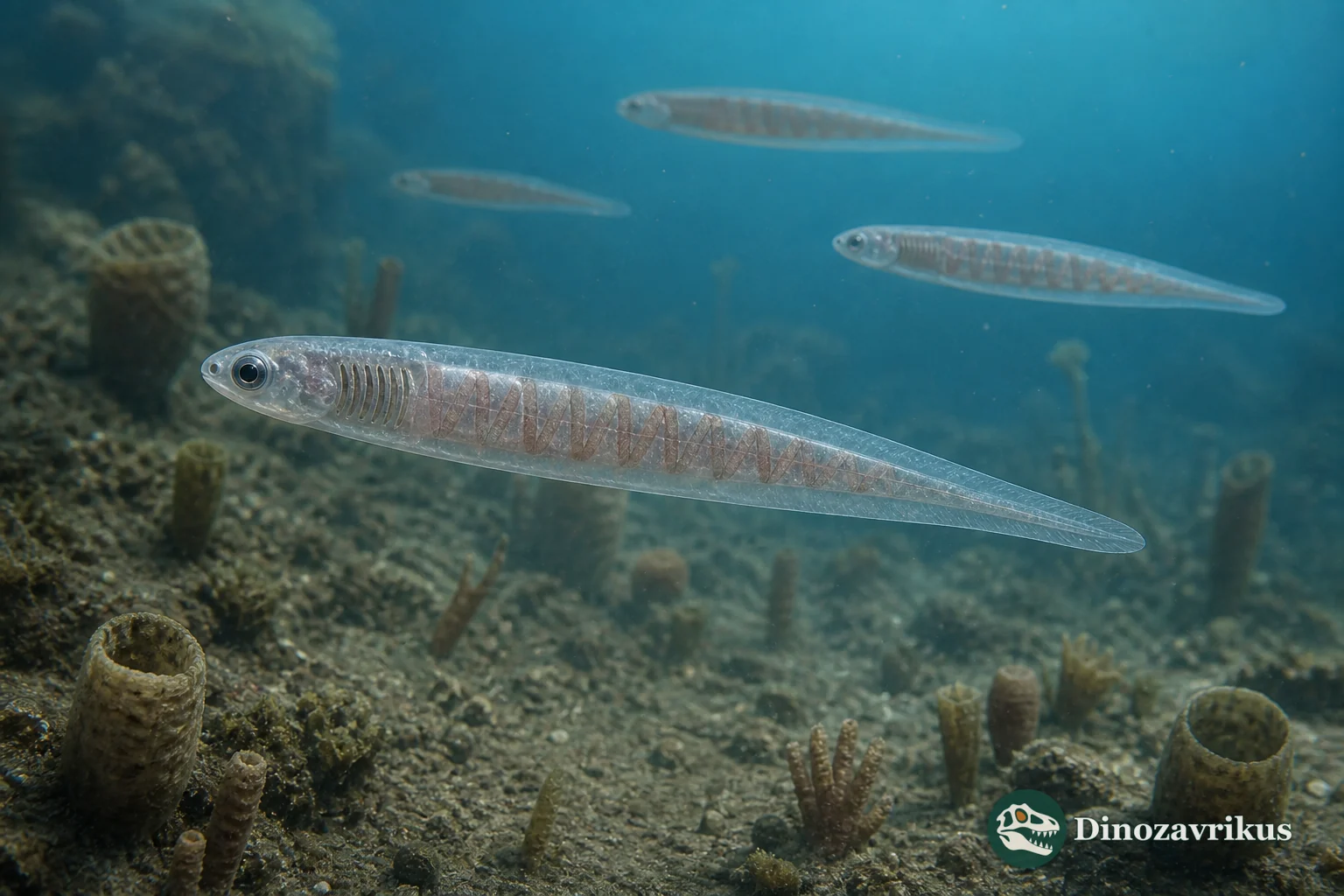 Metaspriggina swimming in Cambrian water with its paired eyes, gill bars and W-shaped muscle blocks indicated