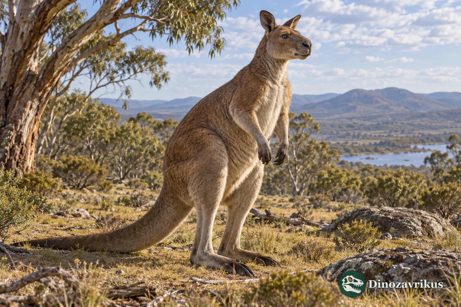 Artistic reconstruction of Metasthenurus in a Pleistocene Australian woodland