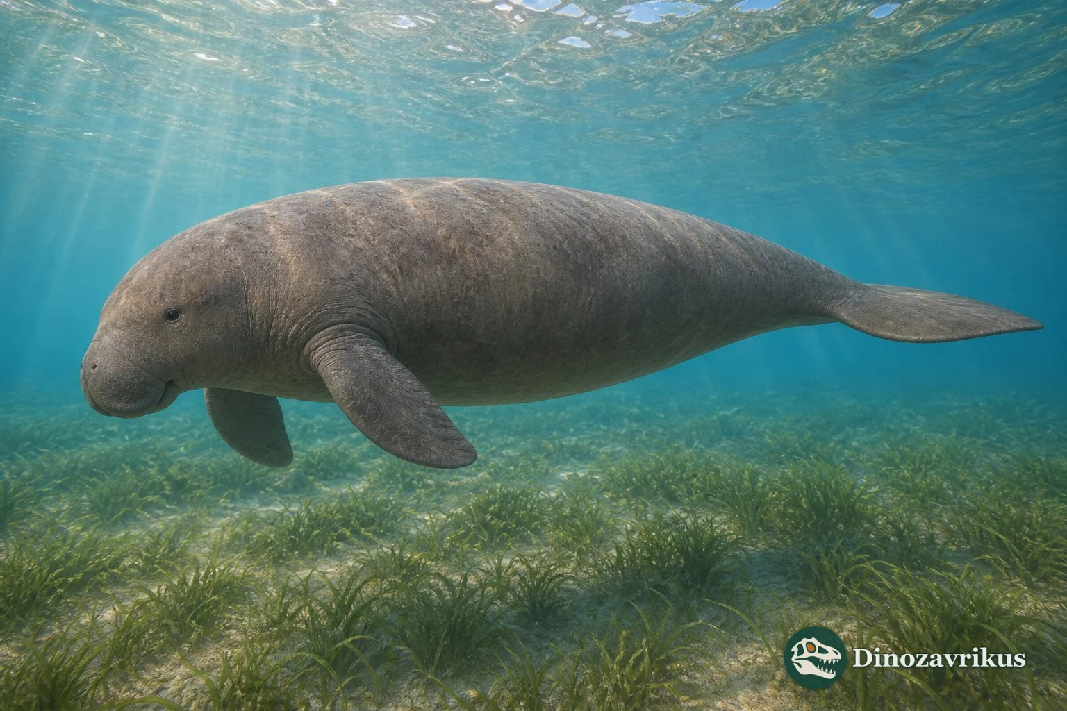 Metaxytherium reconstructed swimming above a Miocene seagrass meadow