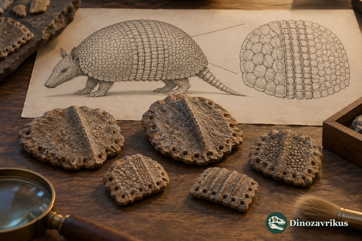 Conceptual museum study scene with separate Meteutatus-like armour plates and a simple carapace placement diagram