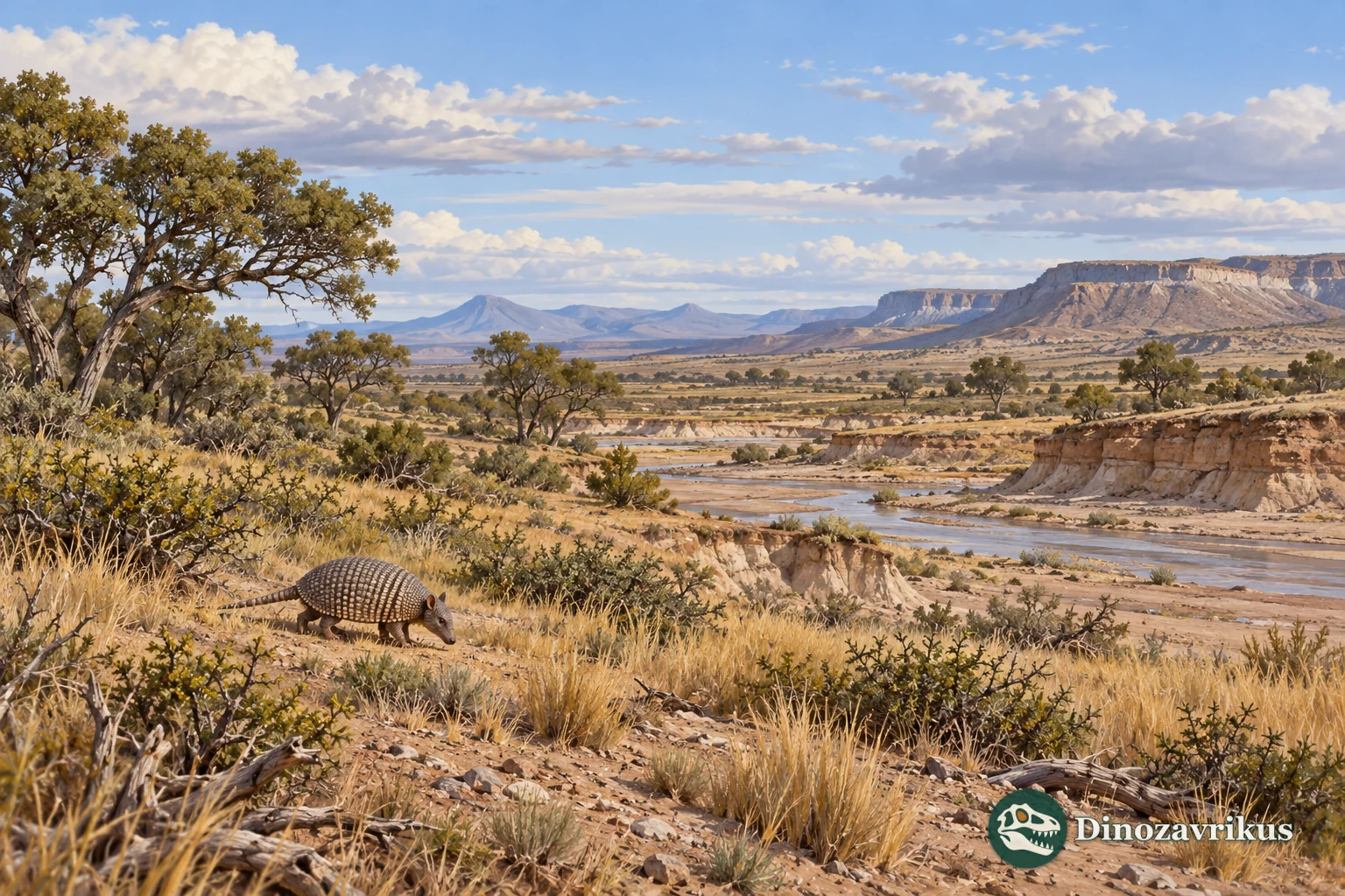 Generalized Patagonian Paleogene scrub woodland with a small armadillo in the distance