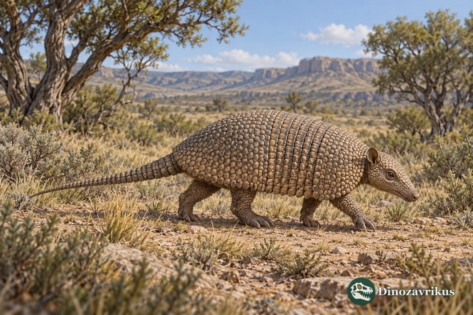 Artistic reconstruction of a small armoured Meteutatus in a generalized Patagonian landscape