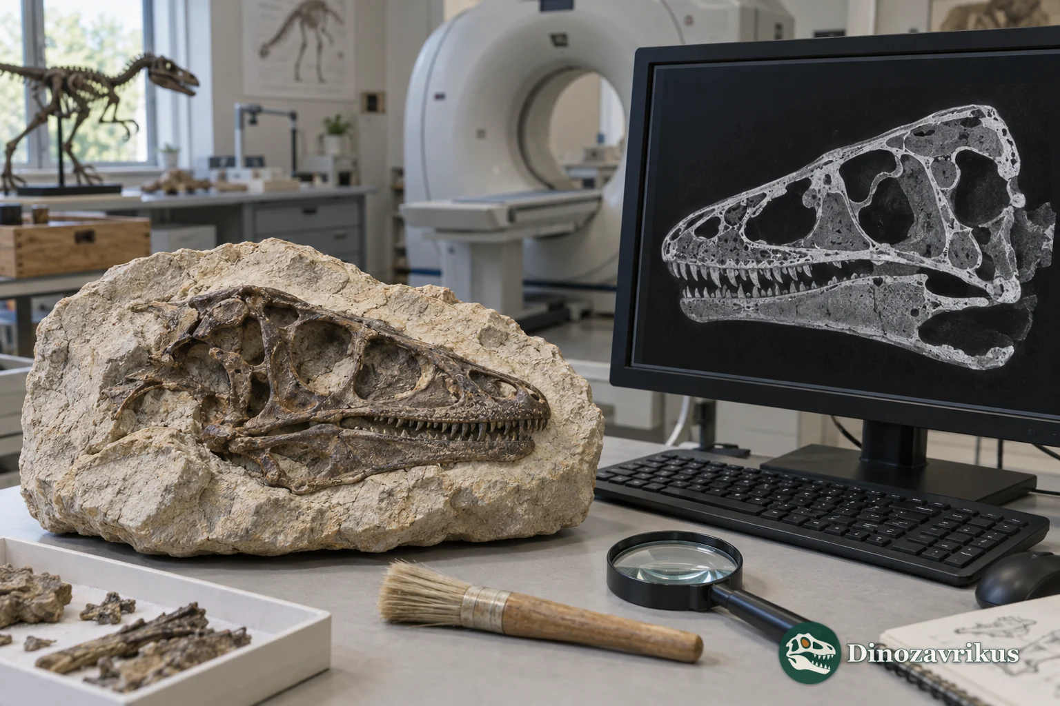 Illustrative fossil skull and a workstation displaying a grayscale skull visualisation