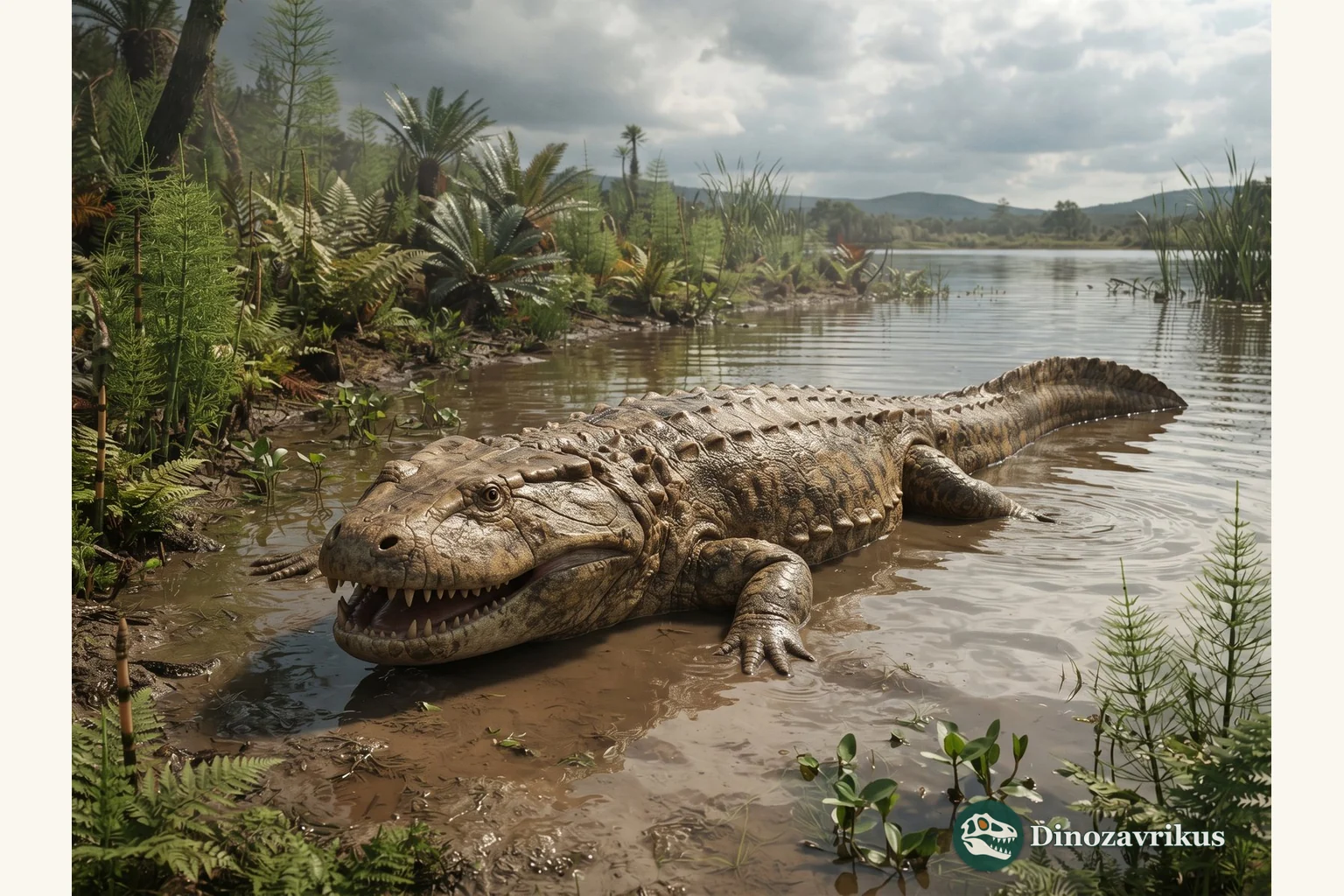 Metoposaurus resting in the shallows of a Late Triassic lake