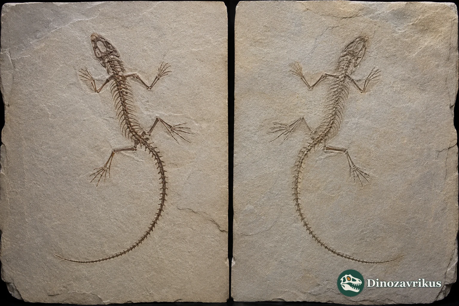 Near-complete slab-and-counter-slab fossil skeleton of the Early Cretaceous lizard Meyasaurus diazromerali