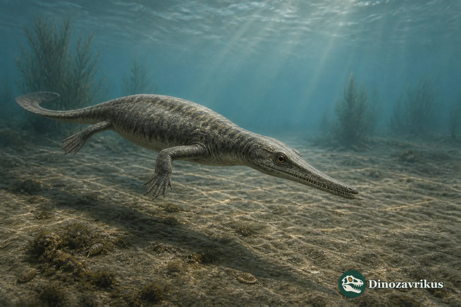 Mesosaurus tenuidens swimming above the shallow saline waters of the Early Permian Whitehill Sea