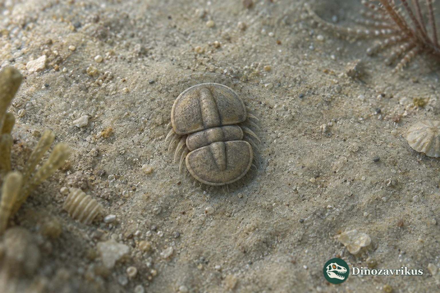 Micragnostus shown as a tiny eyeless agnostid with paired rounded shields and two short thoracic segments on Cambrian sediment