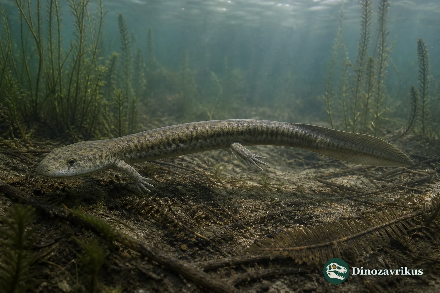 Microbrachis pelikani swimming through a Carboniferous freshwater habitat in Bohemia