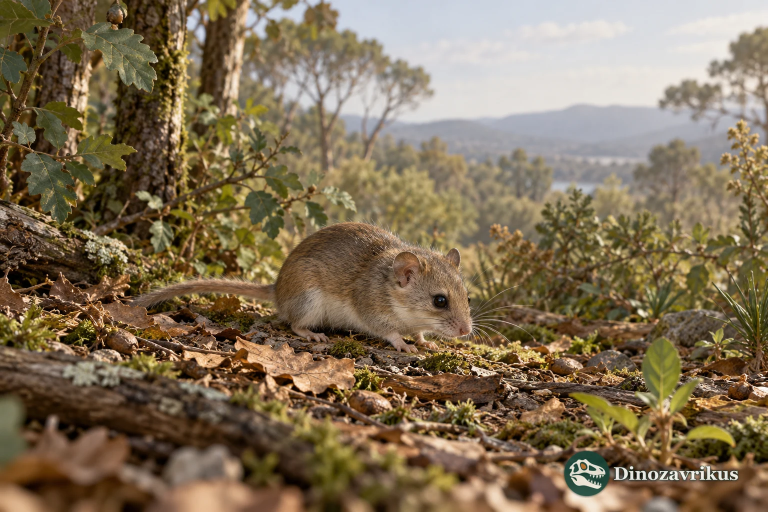 Artistic reconstruction of a small dormouse-like rodent at a woodland edge
