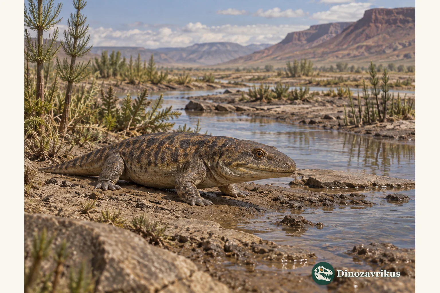 Micropholis reconstructed beside a shallow Karoo stream