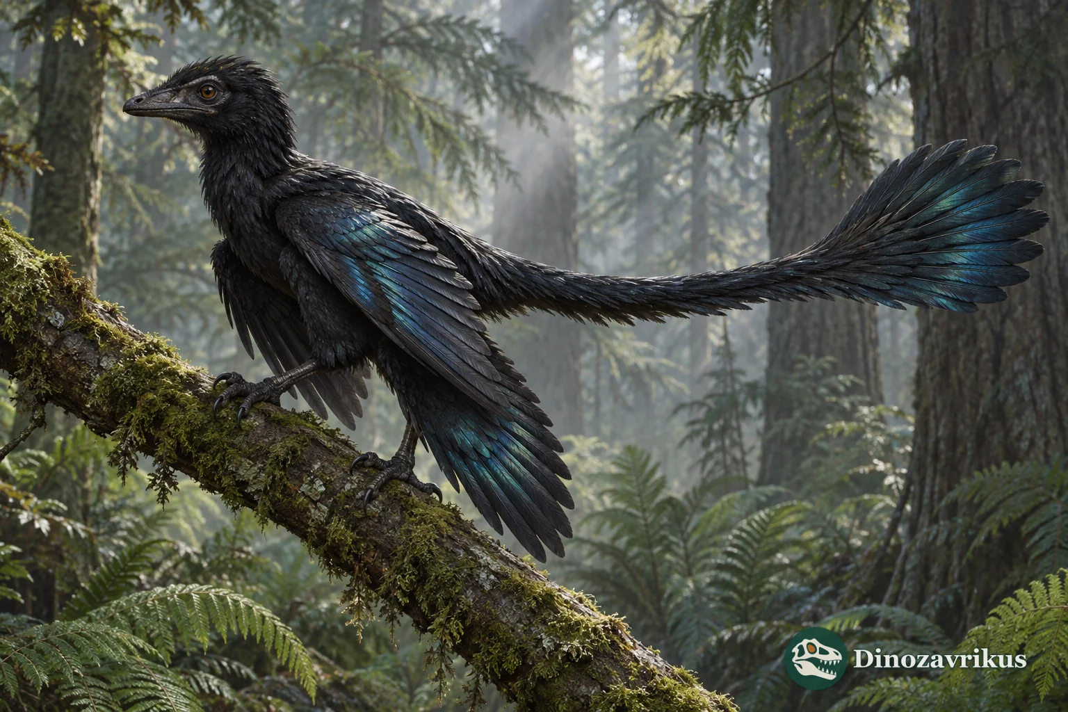 Microraptor reconstructed with long limb feathers, a tail fan and dark iridescent plumage