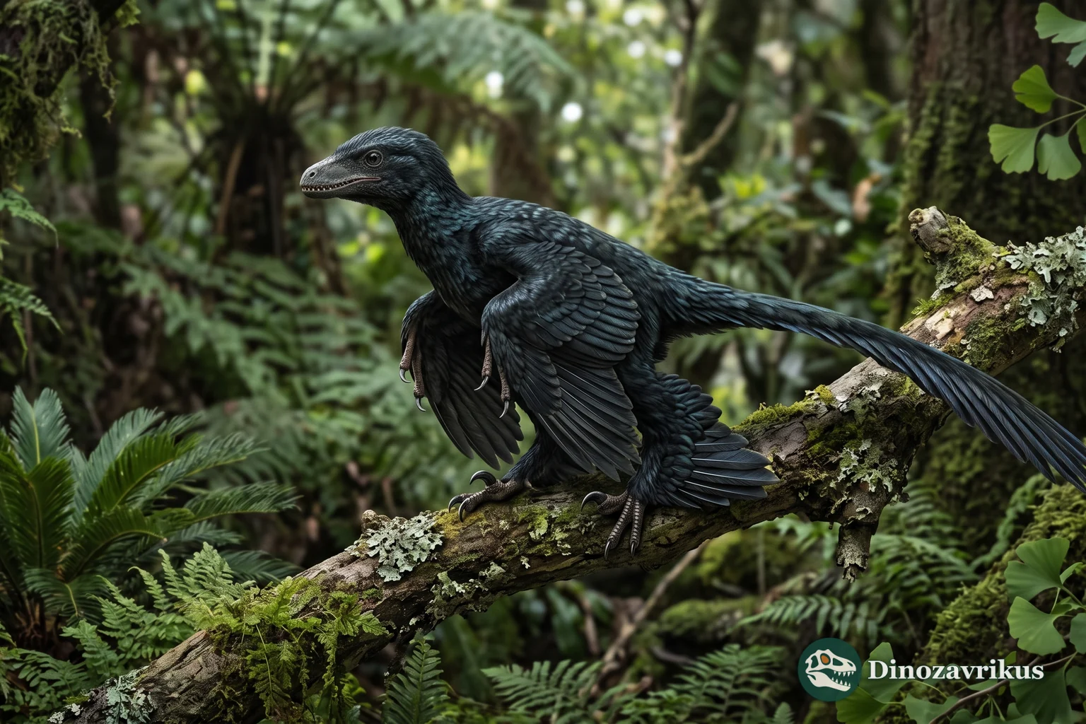 Dark feathered reconstruction of Microraptor perched on a branch