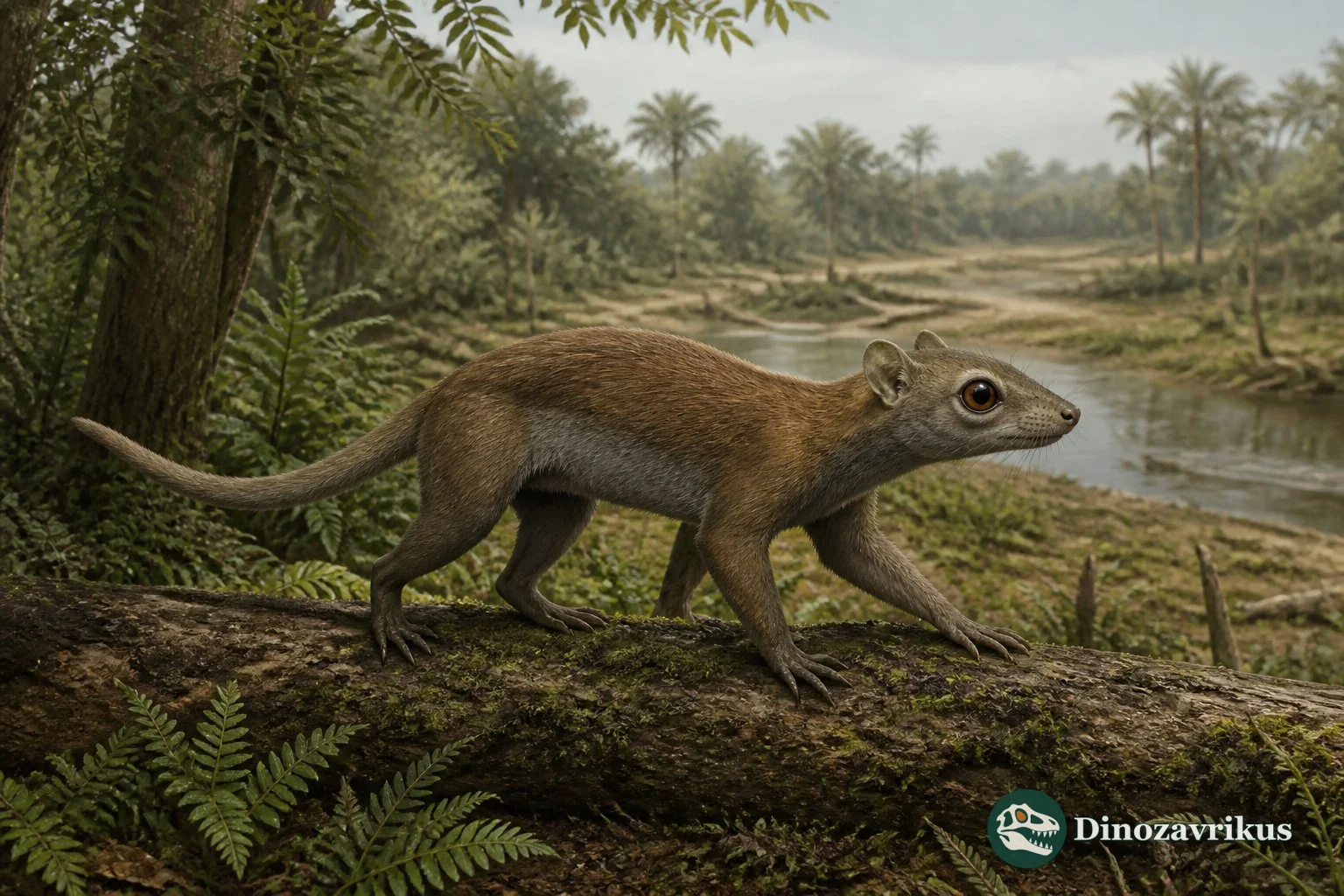 Microsyops moving along a low branch in an early Eocene woodland