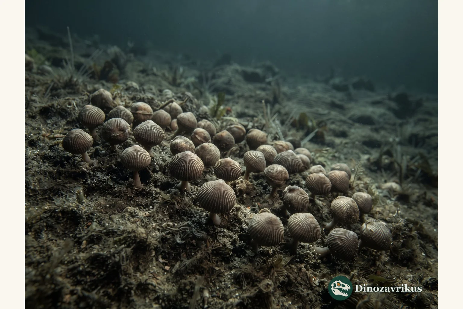 Small Micromitra brachiopods attached by stalks to a raised patch of Cambrian seafloor sediment