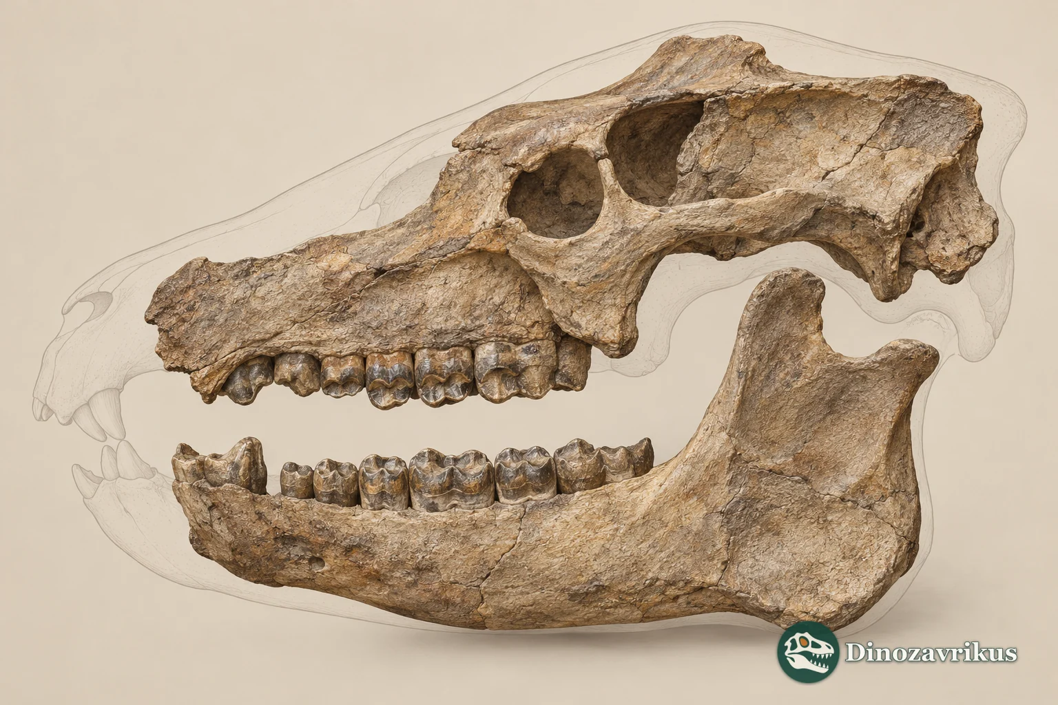 Conceptual fossil plate of an oreodont skull and lower jaw