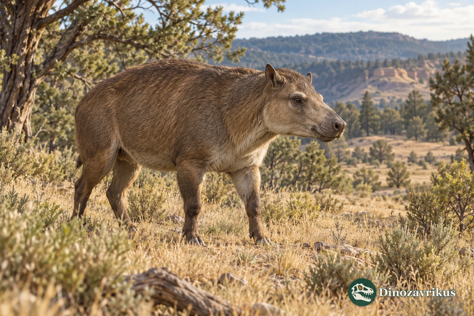 Artistic reconstruction of Miniochoerus in an open woodland of early Oligocene North America