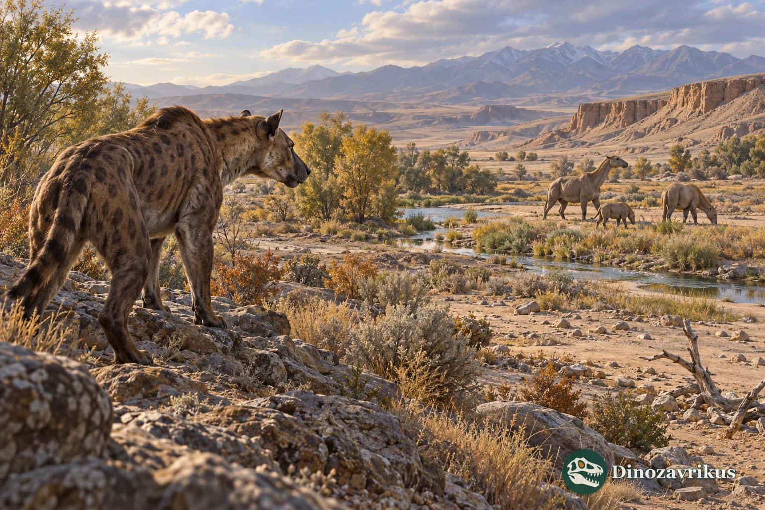 A Miocene carnivoran watching herbivorous mammals near a seasonal stream in a dry Central Asian basin