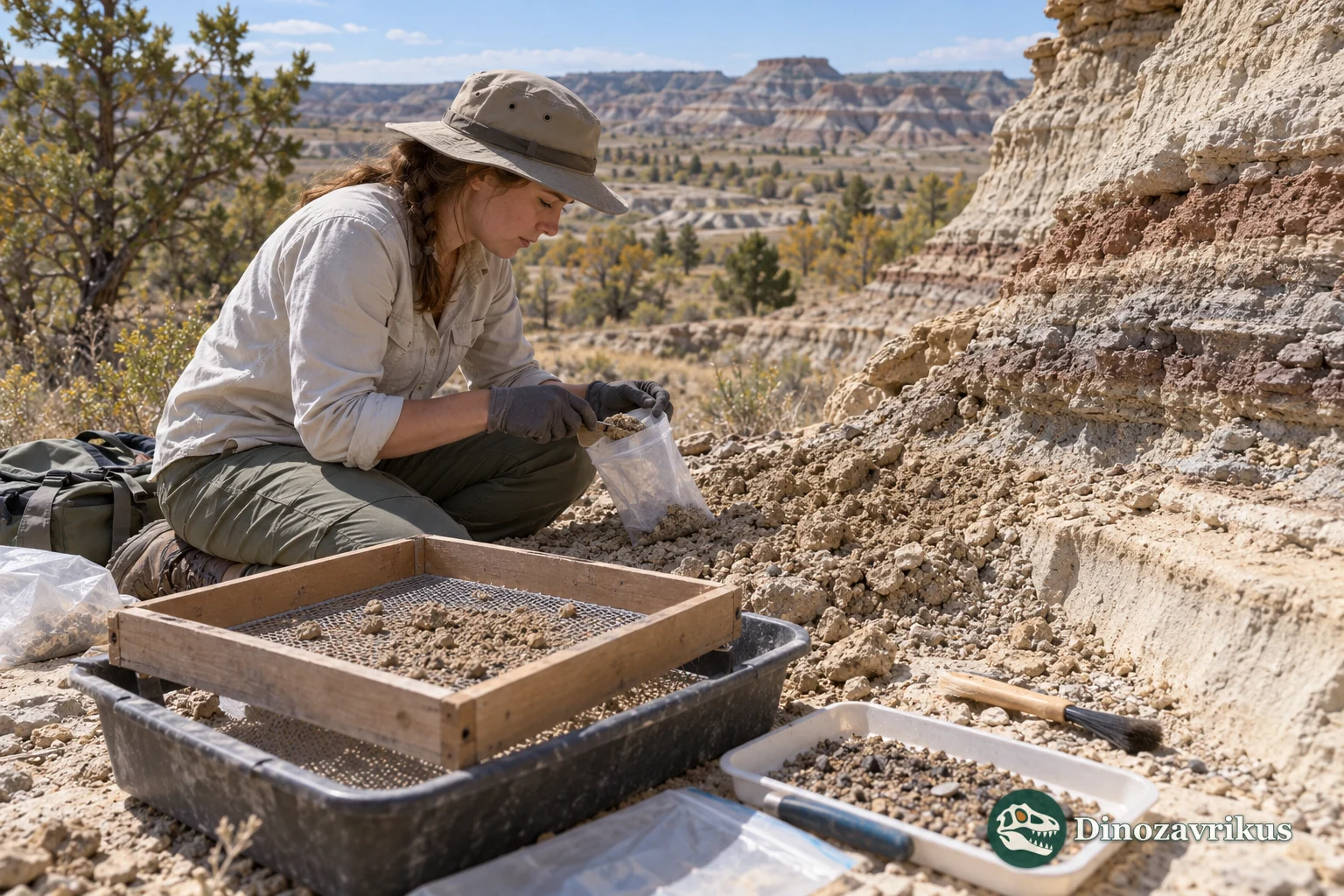 Illustrative field scene showing sediment screening for small vertebrate fossils
