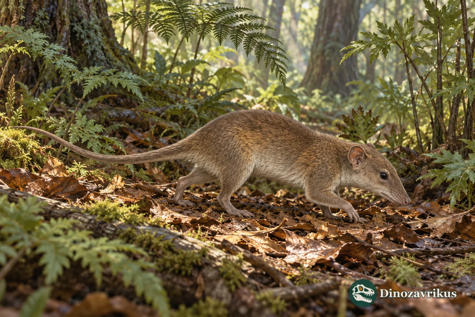 Artistic reconstruction of a small early placental mammal in a Paleocene woodland