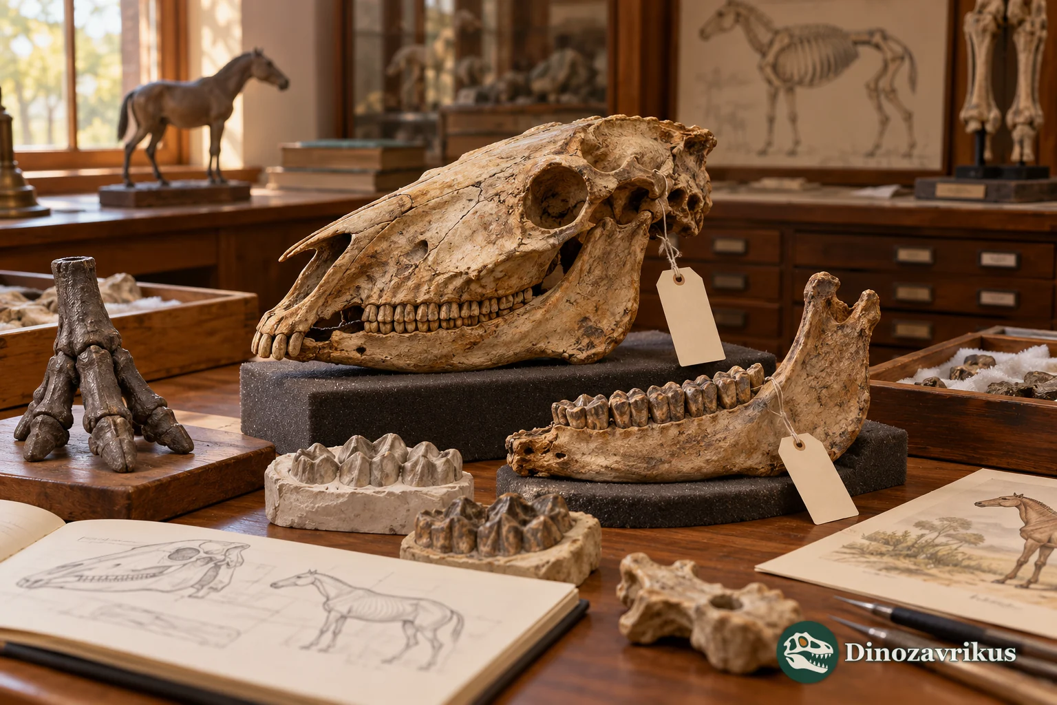 Imagined museum study of a small fossil horse skull and jaw