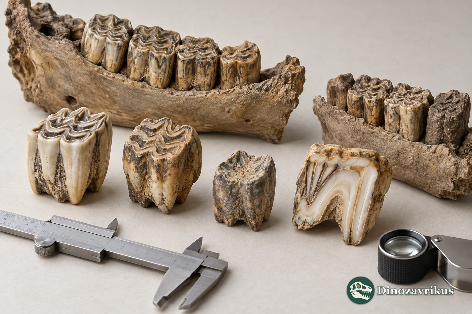 Conceptual fossil horse teeth and jaw fragments beside measuring tools