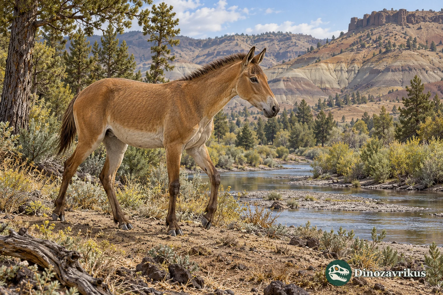 Artistic reconstruction of a small three-toed Miohippus-type horse beside a stream in the John Day Basin