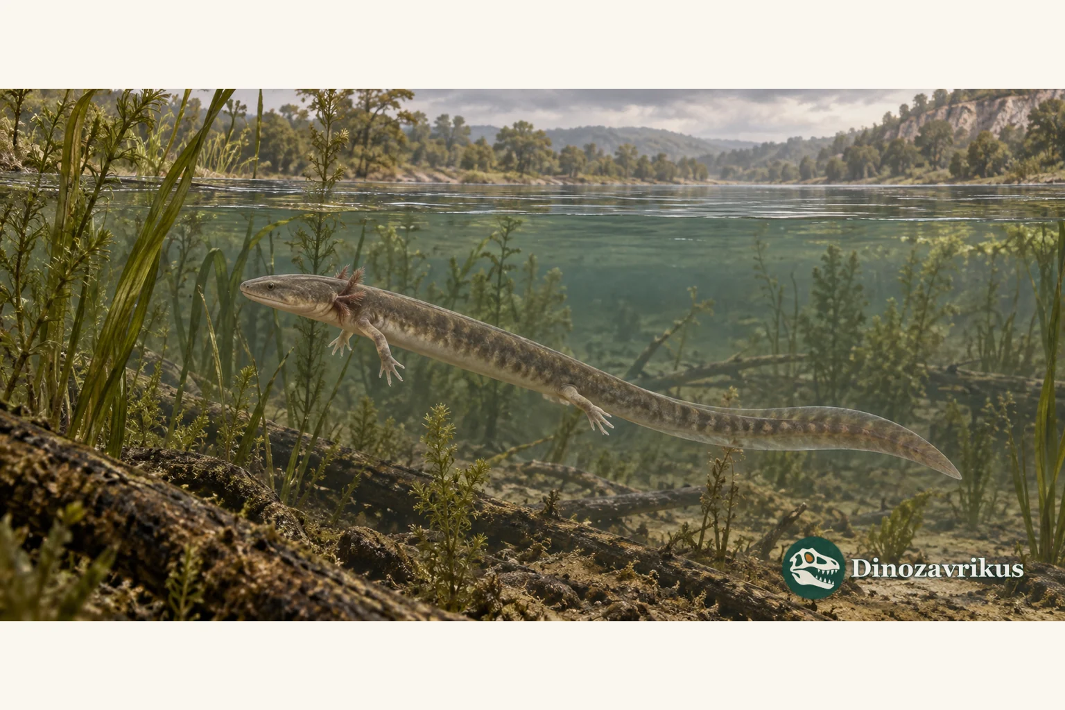 Mioproteus salamander in a clear Miocene lake, with external gills shown as a cautious family-level reconstruction