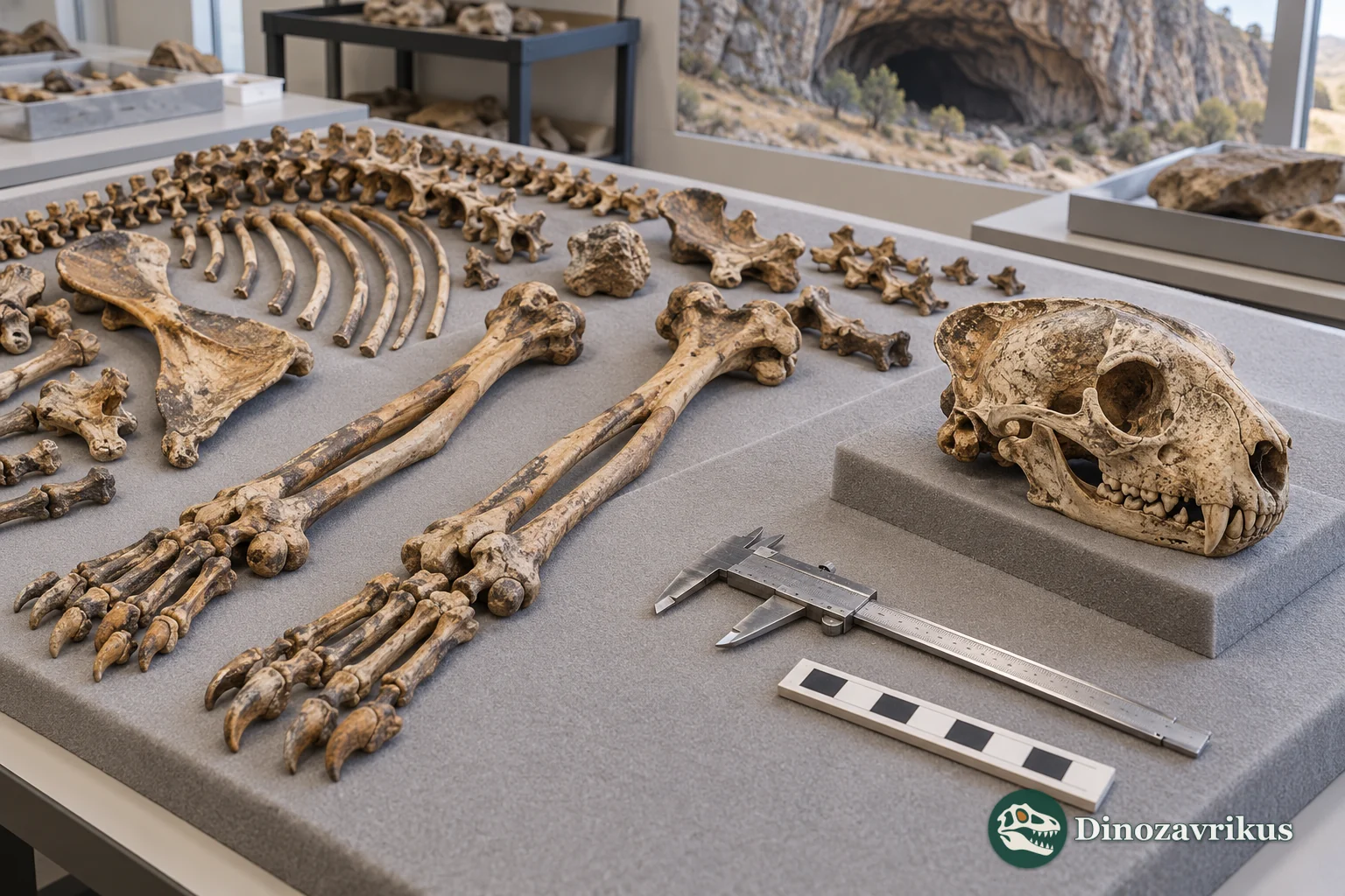 Interpretive museum scene with fossil cat bones and measuring tools