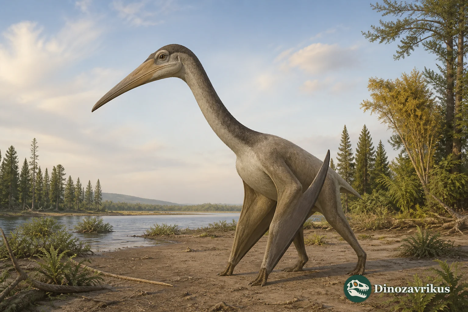 Mistralazhdarcho walking across a Late Cretaceous French floodplain