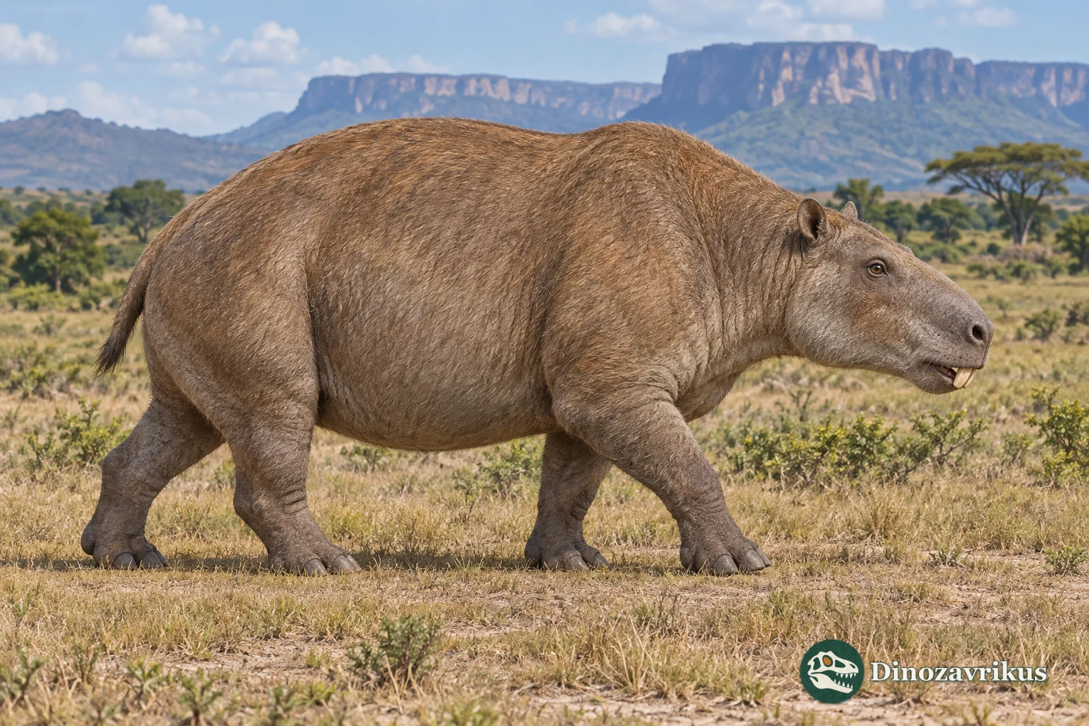 Artistic reconstruction of Mixotoxodon walking on dry Pleistocene grassland