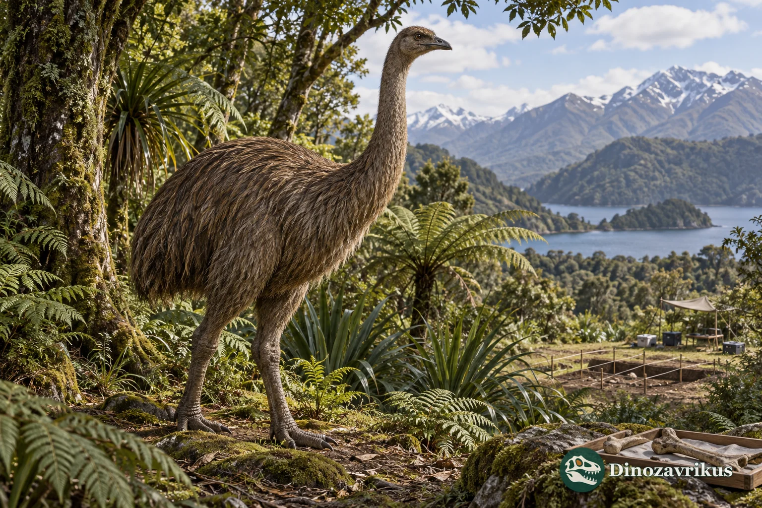 A giant moa in a New Zealand forest beside a distant archaeological excavation area