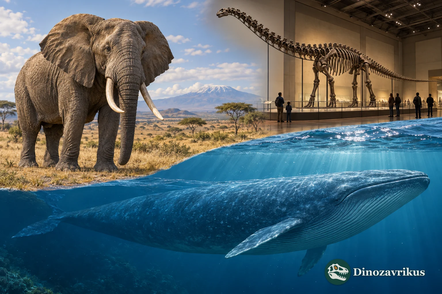 African elephant and blue whale shown beside a museum sauropod skeleton to compare different kinds of animal giants