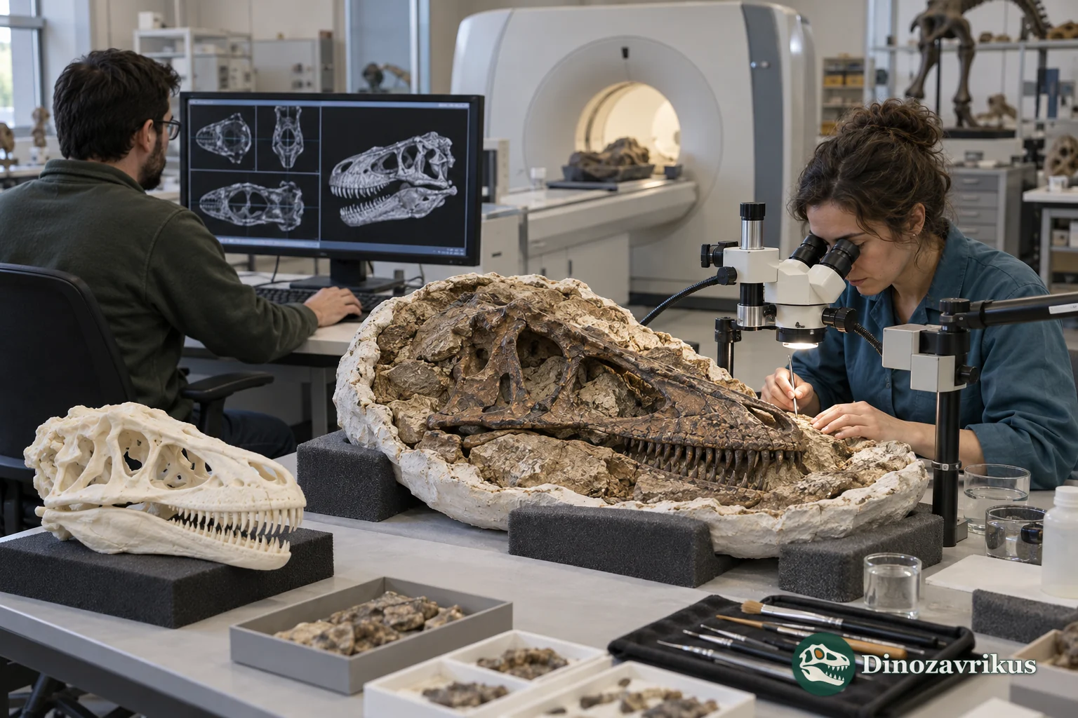 Modern palaeontologists studying a dinosaur skull with CT slices, microscopy and a three-dimensional model