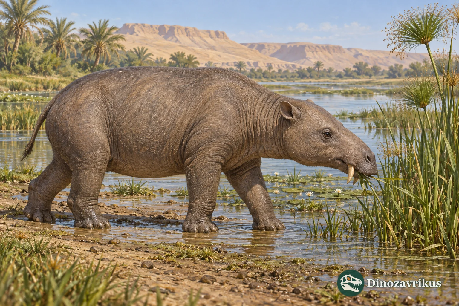 Artistic reconstruction of Moeritherium at the water’s edge in the late Eocene Fayum