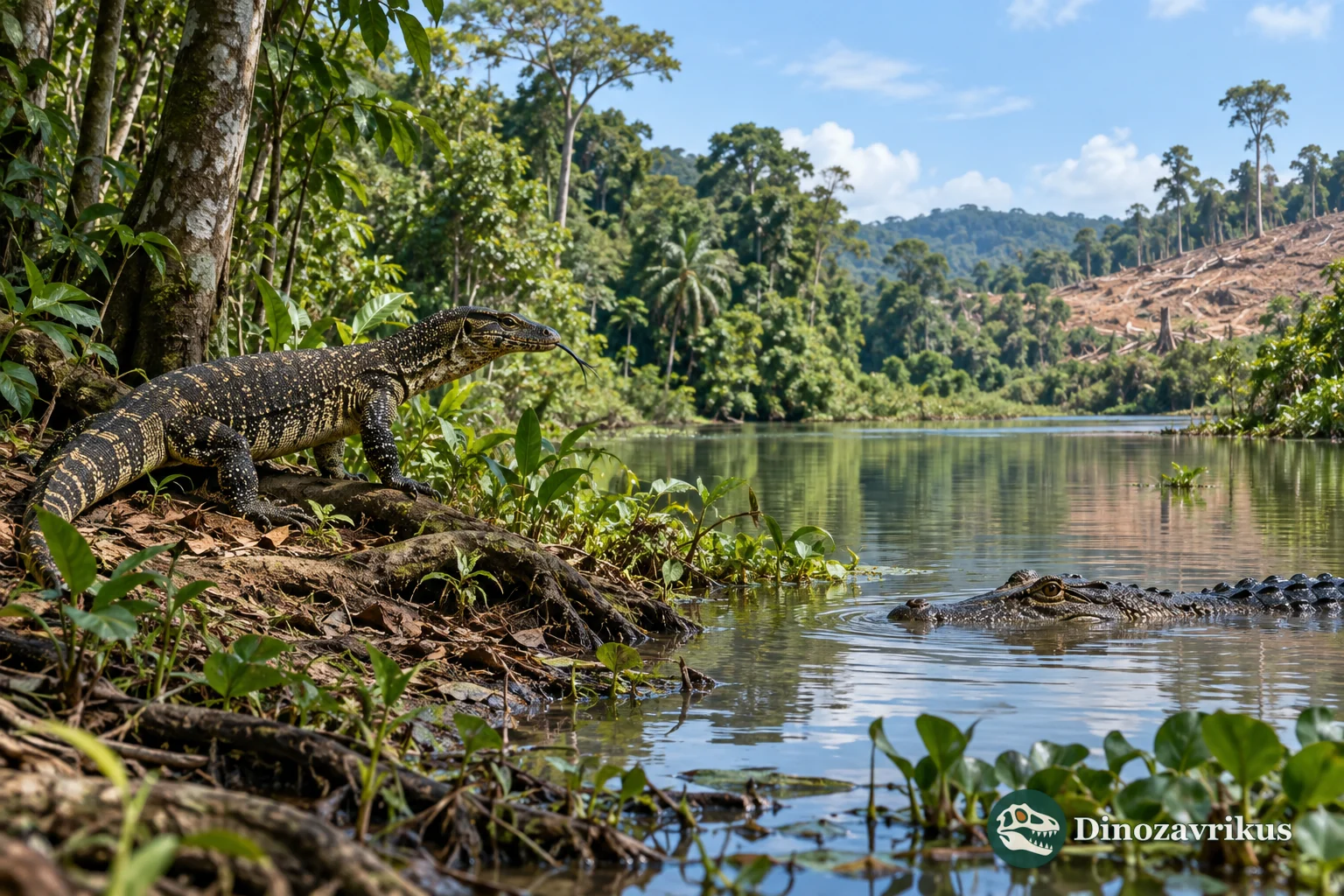 A monitor lizard and crocodile in a tropical wetland threatened by habitat conversion